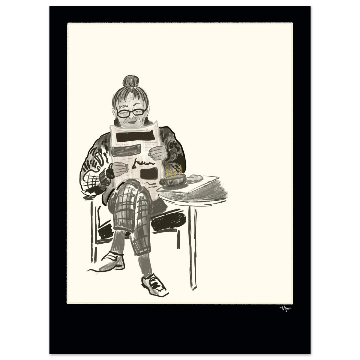 Black-framed ink illustration of a person reading a tablet at a desk