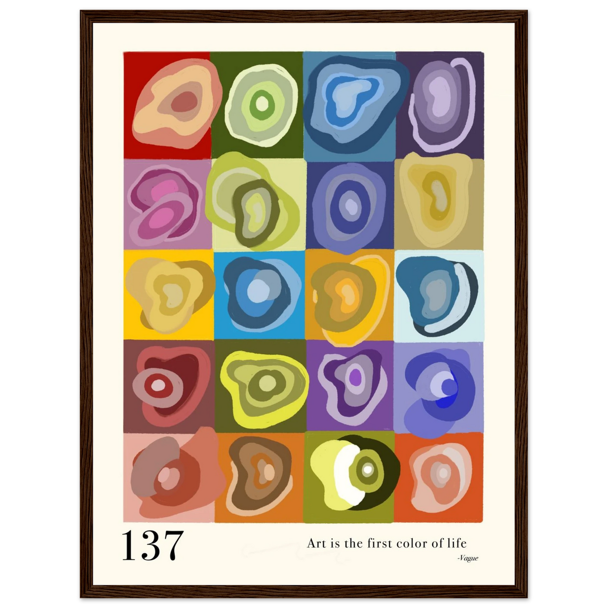 Abstract art print 137 with 20 colorful geometric shapes in a dark wood frame