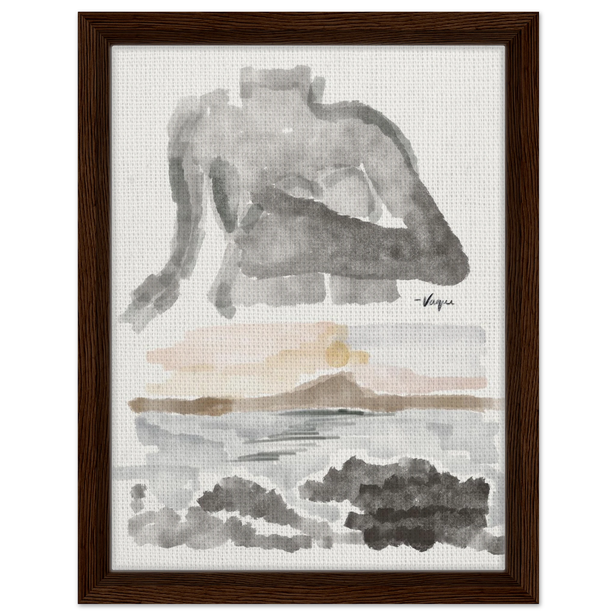 Abstract watercolor wall art in dark wood frame, gray figure with warm tan and charcoal areas