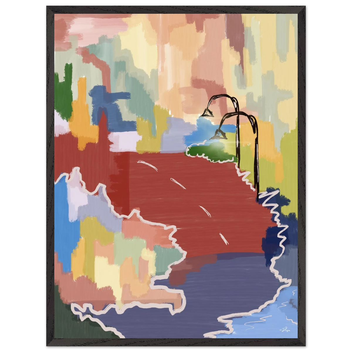 Framed abstract map-style wall art with multicolor coastlines, dark charcoal frame