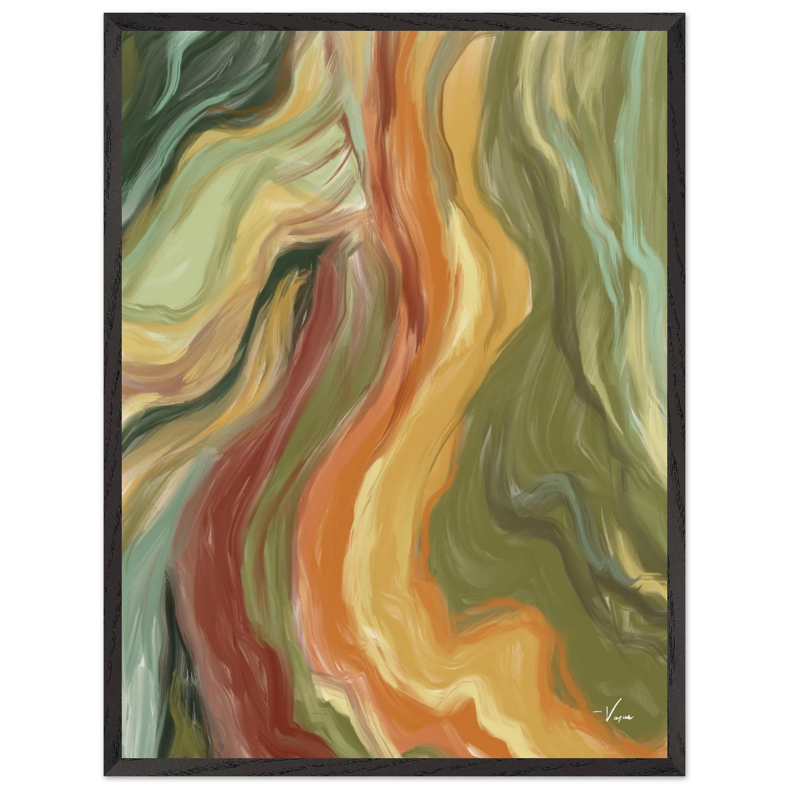 Framed abstract wall art with colorful flowing swirls, black frame